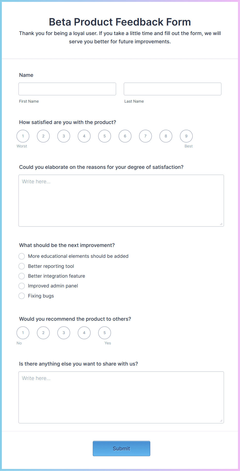 Beta Product Feedback Form Template | Jotform