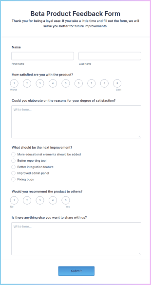Beta Product Feedback Form Template