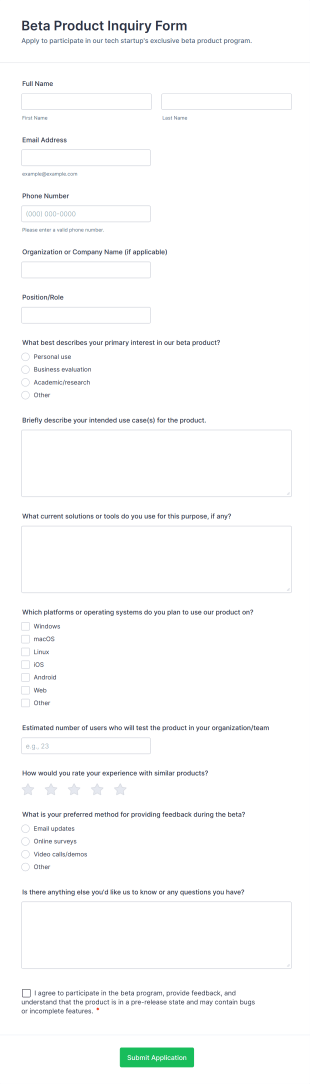 Beta Product Inquiry Form Template