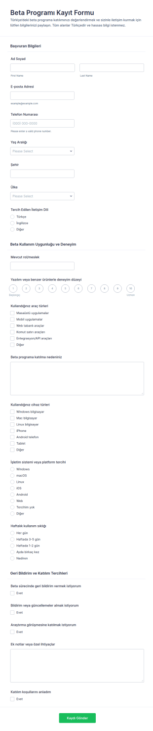 Beta Programı Kayıt Form Şablonu