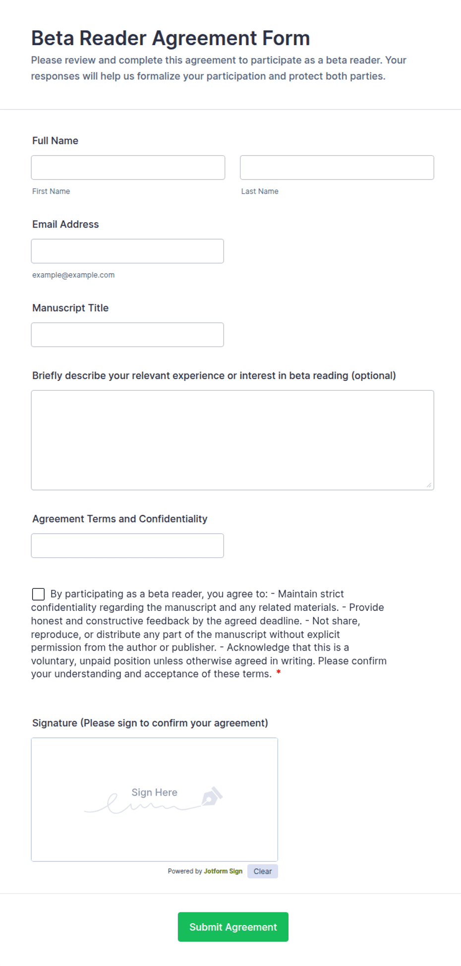 Beta Reader Application Example Beta Reader Agreement Form Template | Jotform