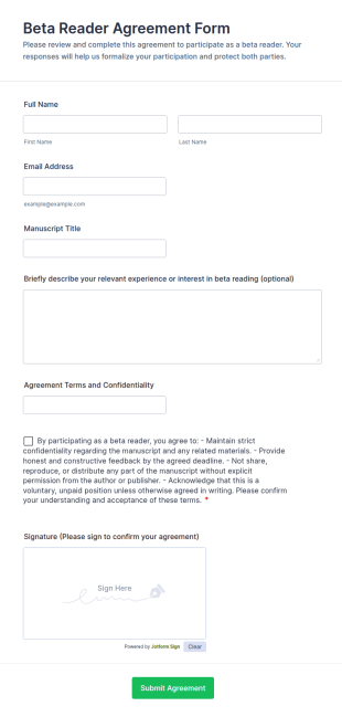 Beta Reader Agreement Form Template