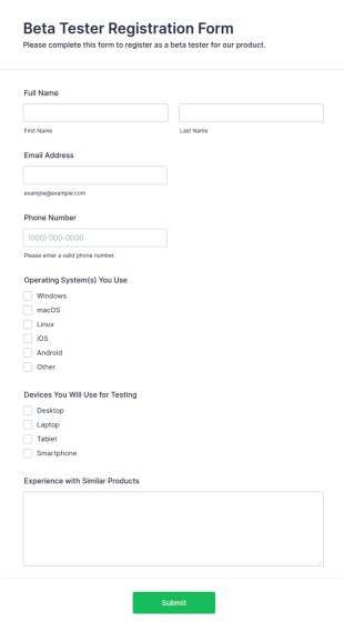 Beta Tester Registration Form Template