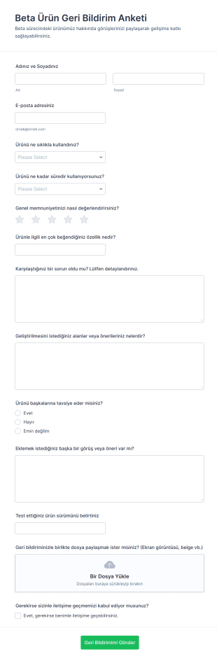 Beta Ürün Geri Bildirim Anketi Form Şablonu