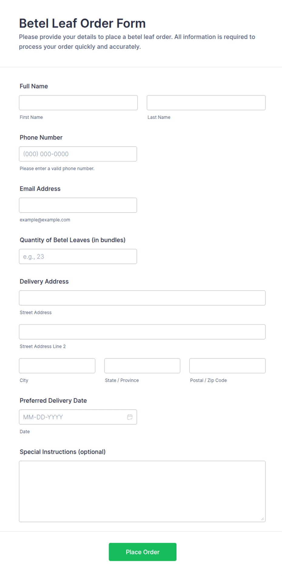 Betel Leaf Order Form Template | Jotform