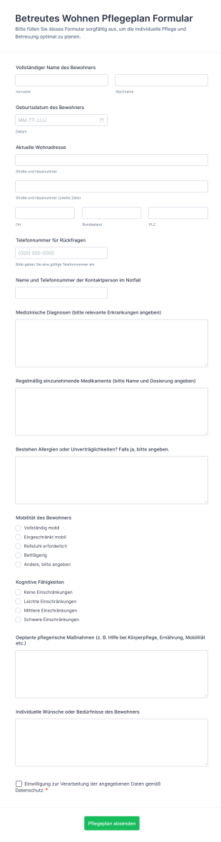 Betreutes Wohnen Pflegeplan Formular