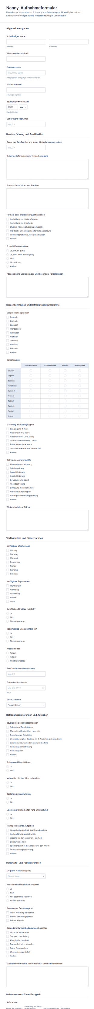Betreuungsanfrage Für Kinderformular