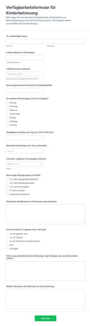 Betreuungszeiten Für Babysitterinnen Und Babysitter Form