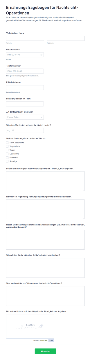 Betriebs Nacht Visions Ernährungsfragebogen
