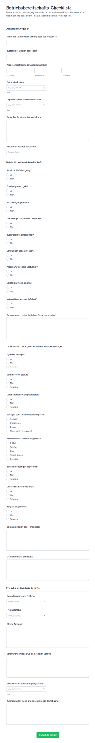 Betriebsbereitschafts Checkliste