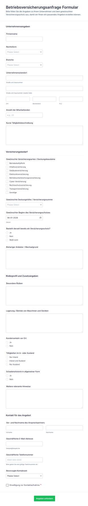 Betriebshaftpflichtversicherung Angebot Formular