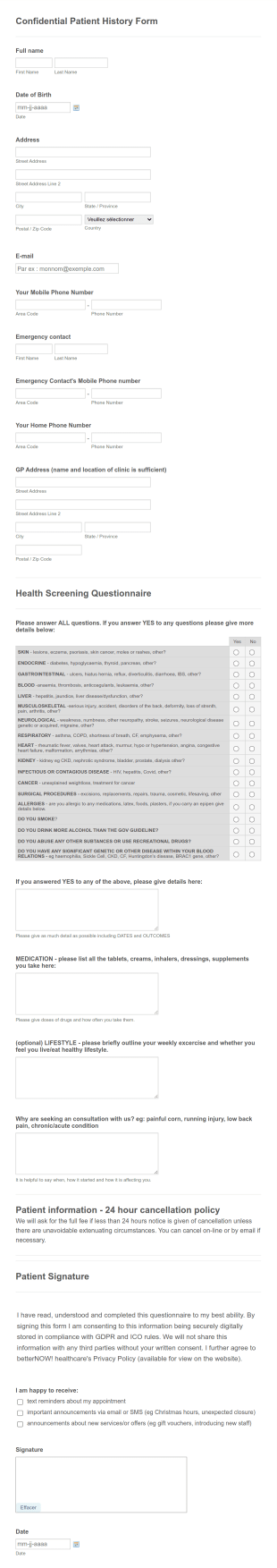 BetterNOW Healthcare Confidential Patient Intake Screening Form Template