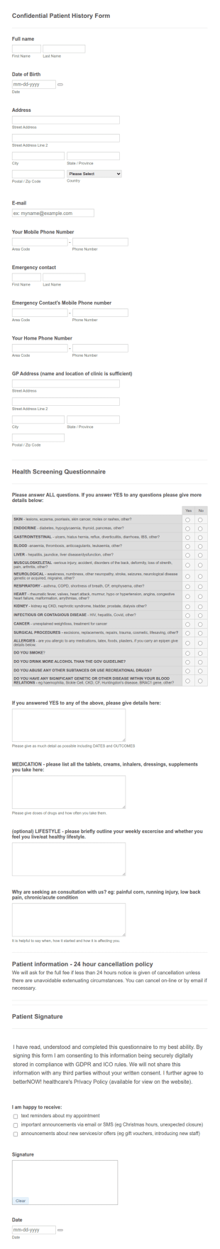BetterNOW Healthcare Confidential Patient Intake Screening Form Template