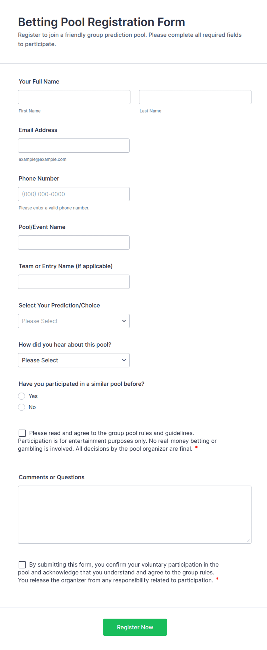Betting Pool Registration Form Template Jotform
