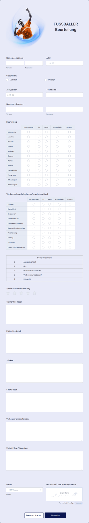 Beurteilungsbogen Für Fußballspieler Form Template