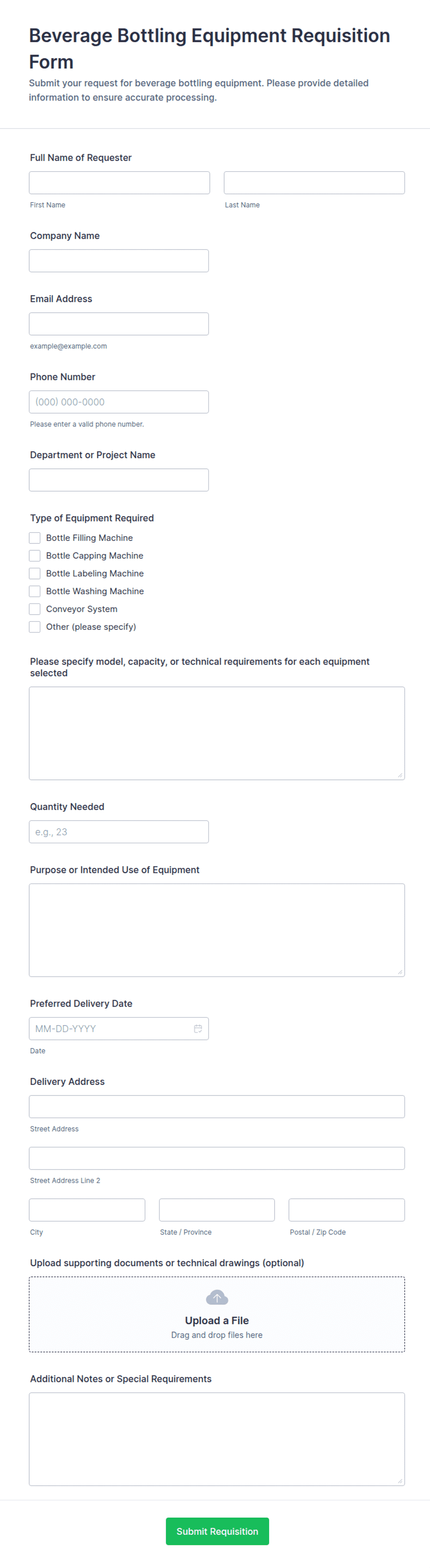 Bottling Rework Form Beverage Bottling Equipment Requisition Form Template | Jotform