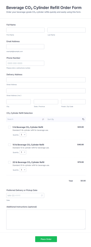 Beverage CO₂ Cylinder Refill Order Form Template