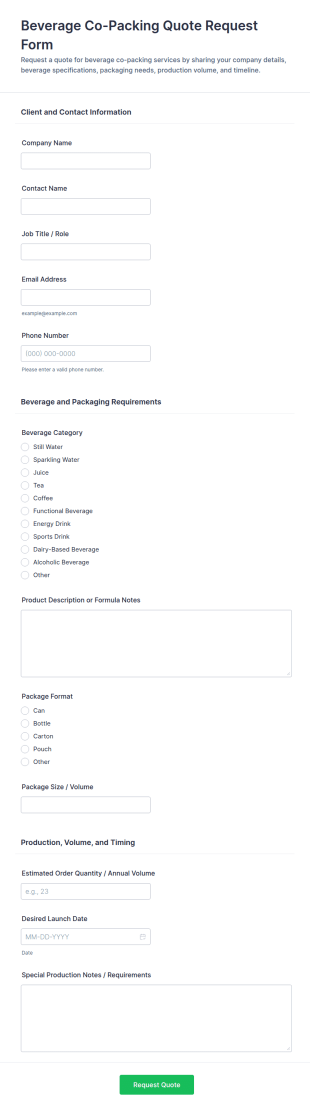Beverage Co Packing Quote Request Form Template