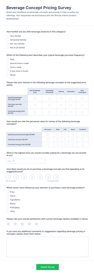 Beverage Concept Pricing Survey Form Template