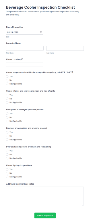 Beverage Cooler Inspection Checklist Form Template