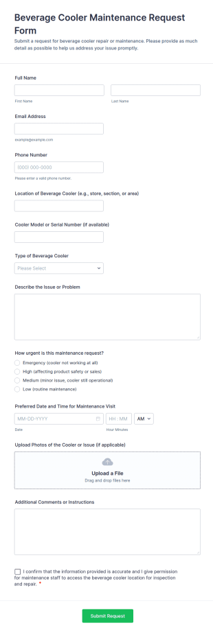 Beverage Cooler Maintenance Request Form Template