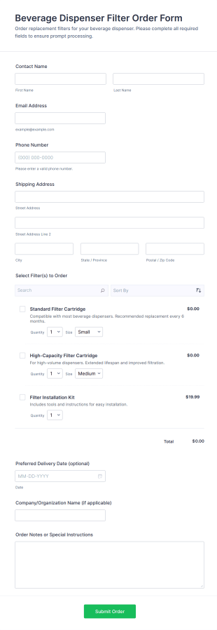 Beverage Dispenser Filter Order Form Template