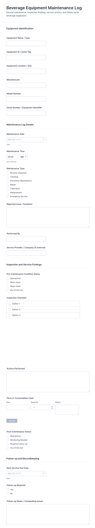 Beverage Equipment Maintenance Log Form Template