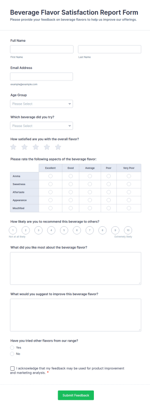 Beverage Flavor Satisfaction Report Form Template