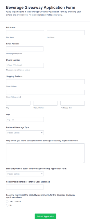 Beverage Giveaway Application Form Template