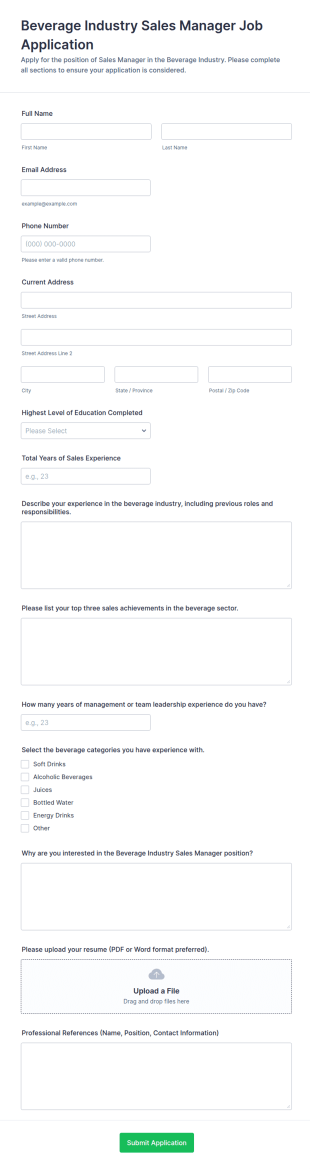 Beverage Industry Sales Manager Job Application Form Template