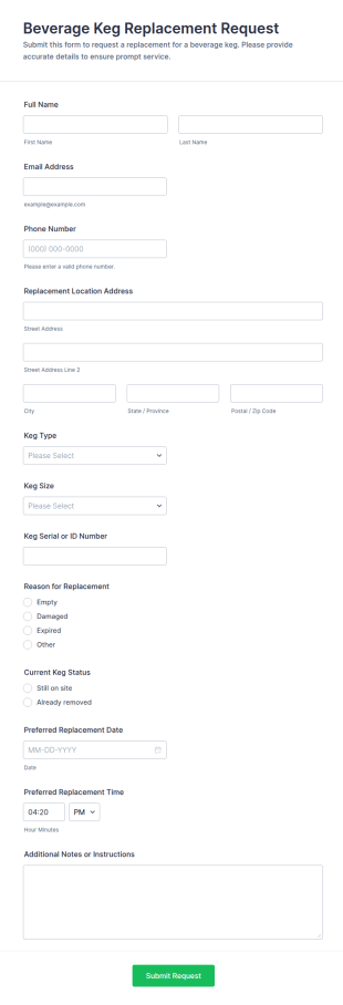 Beverage Keg Replacement Request Form Template