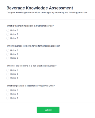 Beverage Knowledge Assessment Form Template