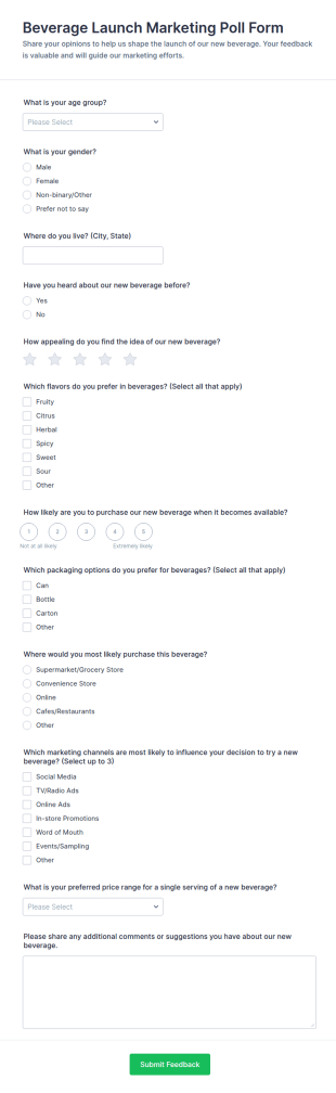 Beverage Launch Marketing Poll Form Template