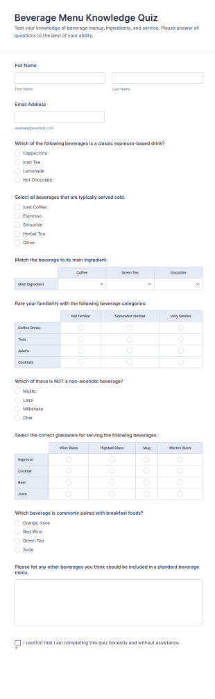 Beverage Menu Knowledge Quiz Form Template