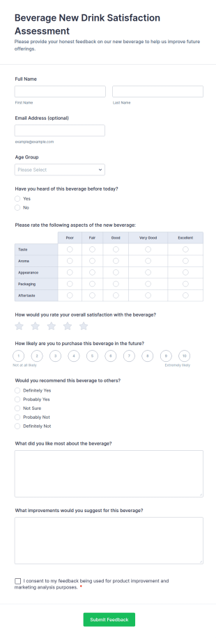 New Beverage Satisfaction Assessment Form Template