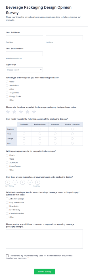 Beverage Packaging Design Opinion Survey Form Template