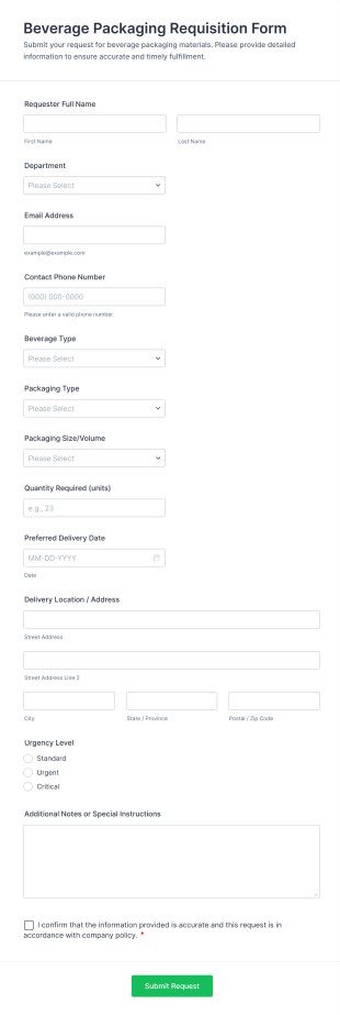 Beverage Packaging Requisition Form Template