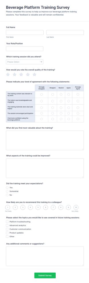 Beverage Platform Training Survey Form Template
