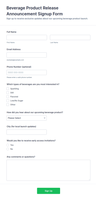 Beverage Product Release Announcement Signup Form Template