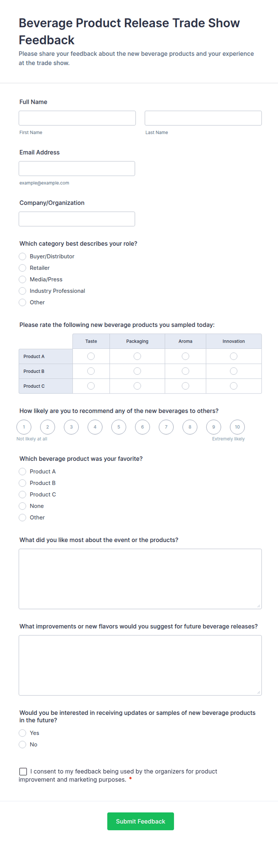 Beverage Product Release Trade Show Feedback Form Template | Jotform
