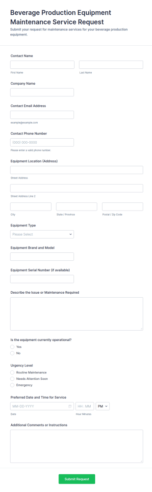 Beverage Production Equipment Maintenance Service Request Form Template