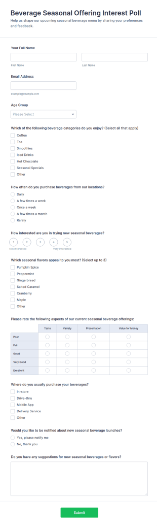Beverage Seasonal Offering Interest Poll Form Template