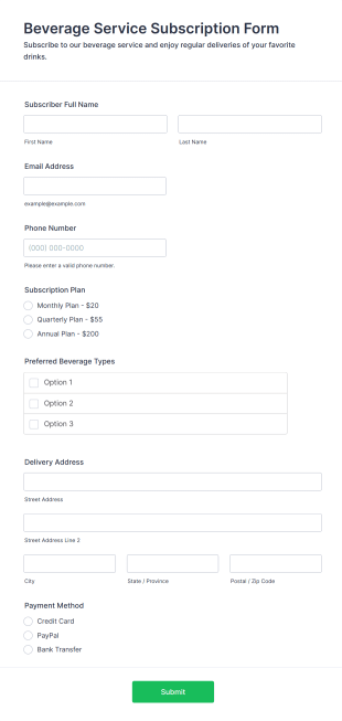 Beverage Service Subscription Form Template