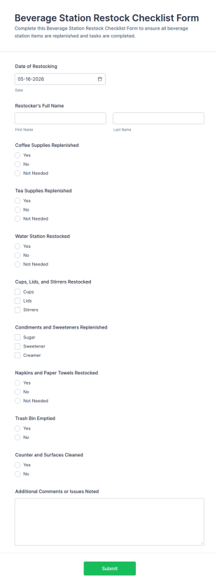 Beverage Station Restock Checklist Form Template