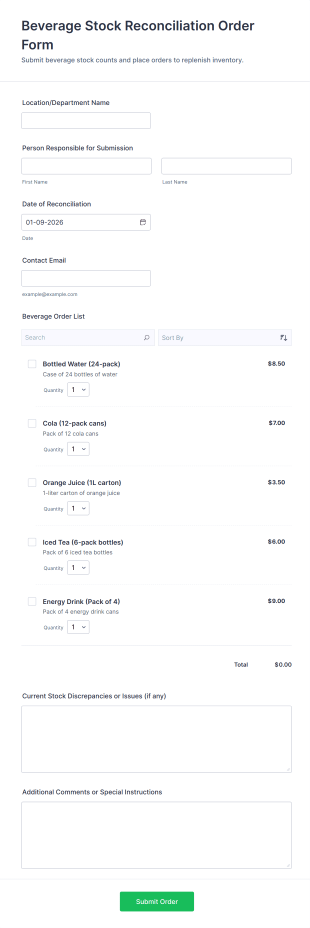 Beverage Stock Reconciliation Order Form Template