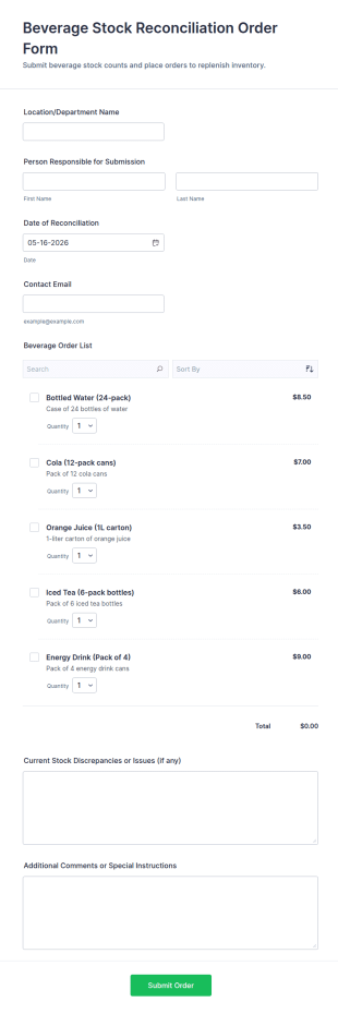 Beverage Stock Reconciliation Order Form Template