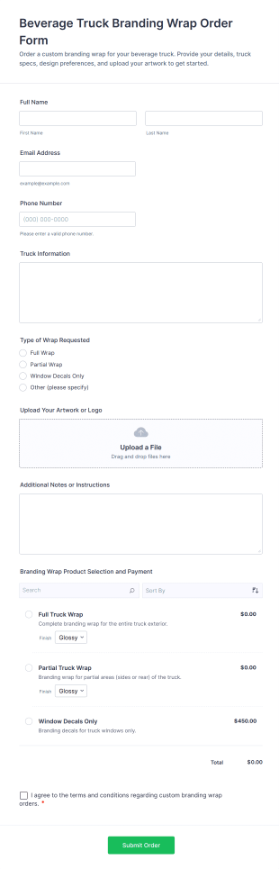 Beverage Truck Branding Wrap Order Form Template
