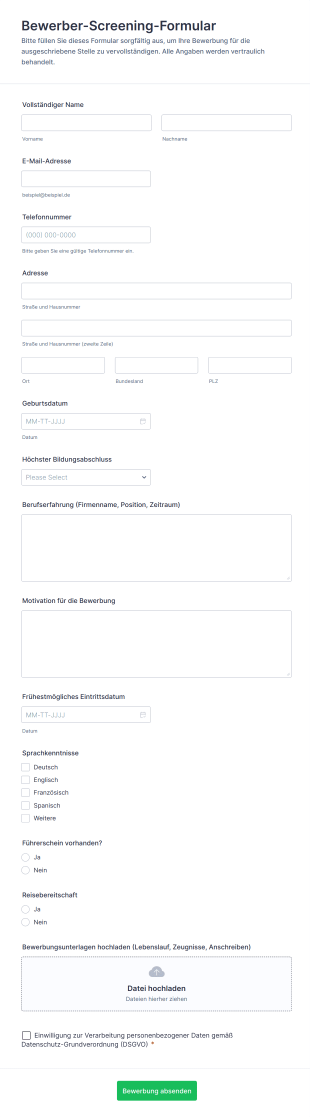 Bewerber Screening Formular
