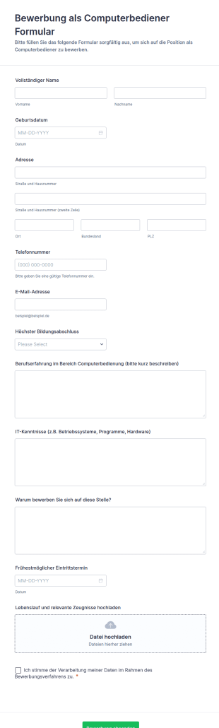 Bewerbung Als Computerbediener Formular