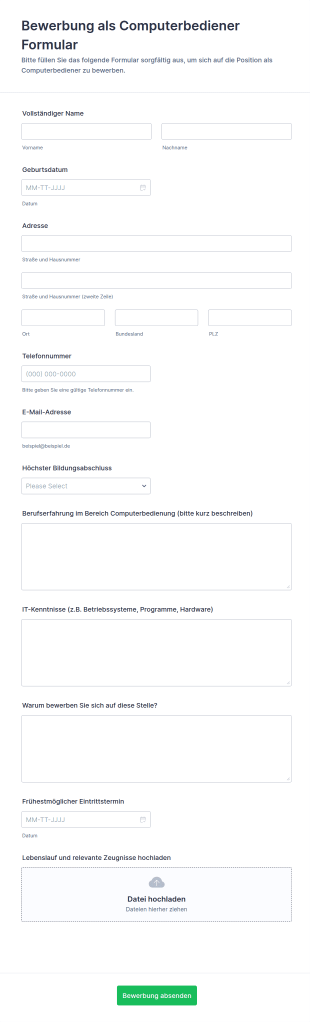 Bewerbung Als Computerbediener Formular